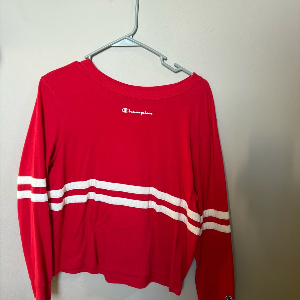 Champion Red and White Striped Long Sleeve Top